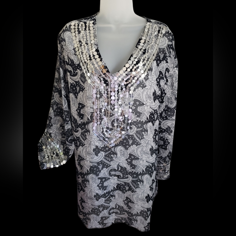 Black and White Sheer Floral Coverup